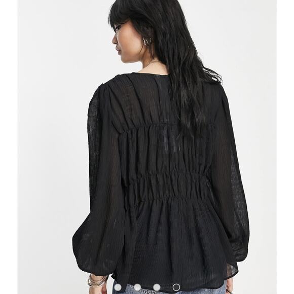 Mango MNG Black Balloon Sleeve Semi Sheer Top - Picture 3 of 8